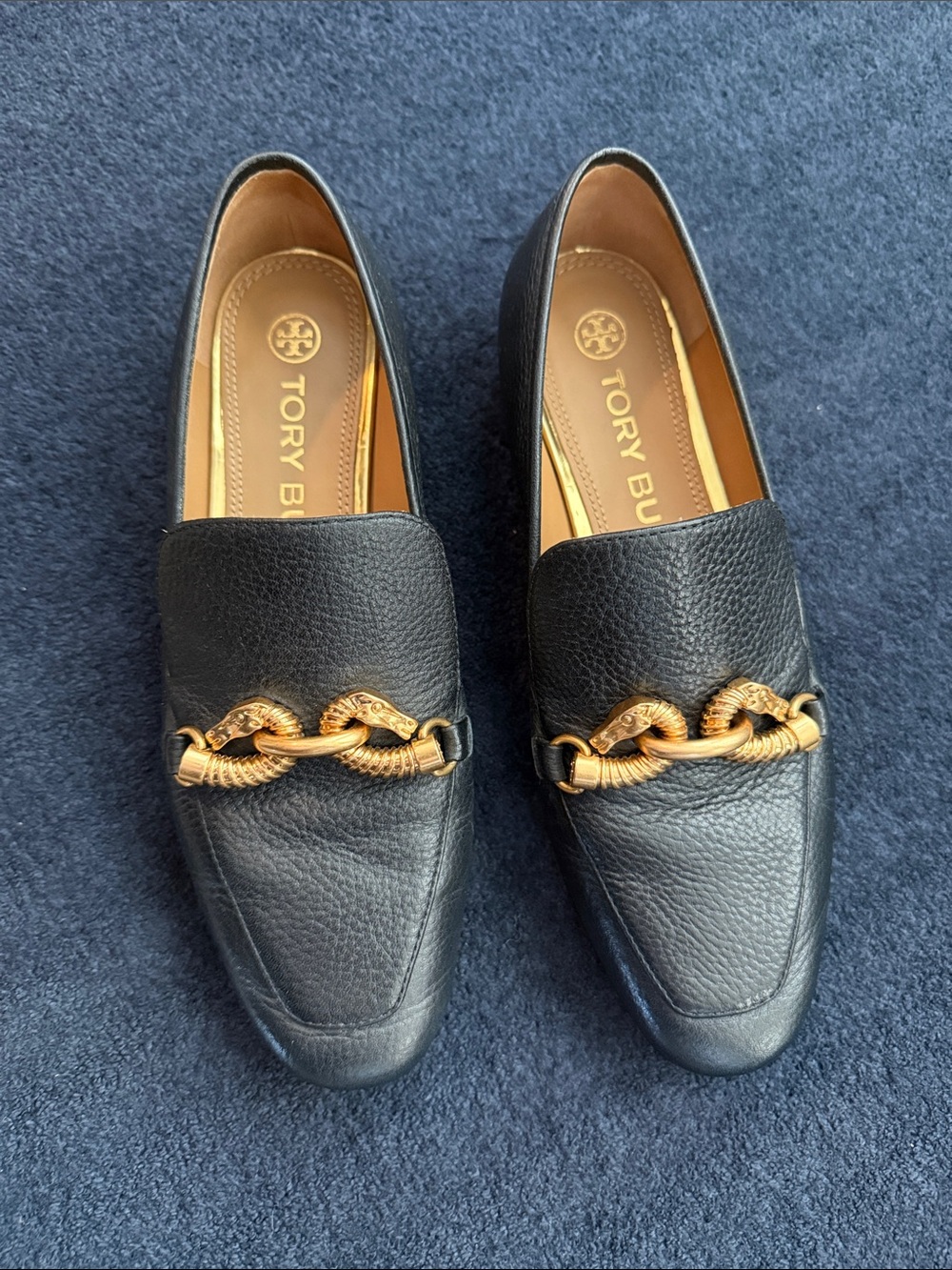 Tory Burch Black Jessa Leather Loafers with Gold Horse Detail
